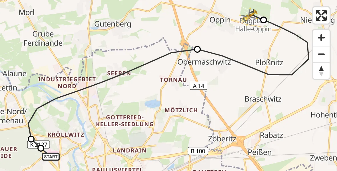 Flugroute Rettungshubschrauber Halle (Saale) University Hospital - Halle-Oppin Flugplatz, 16 Mai 2026, 22:12