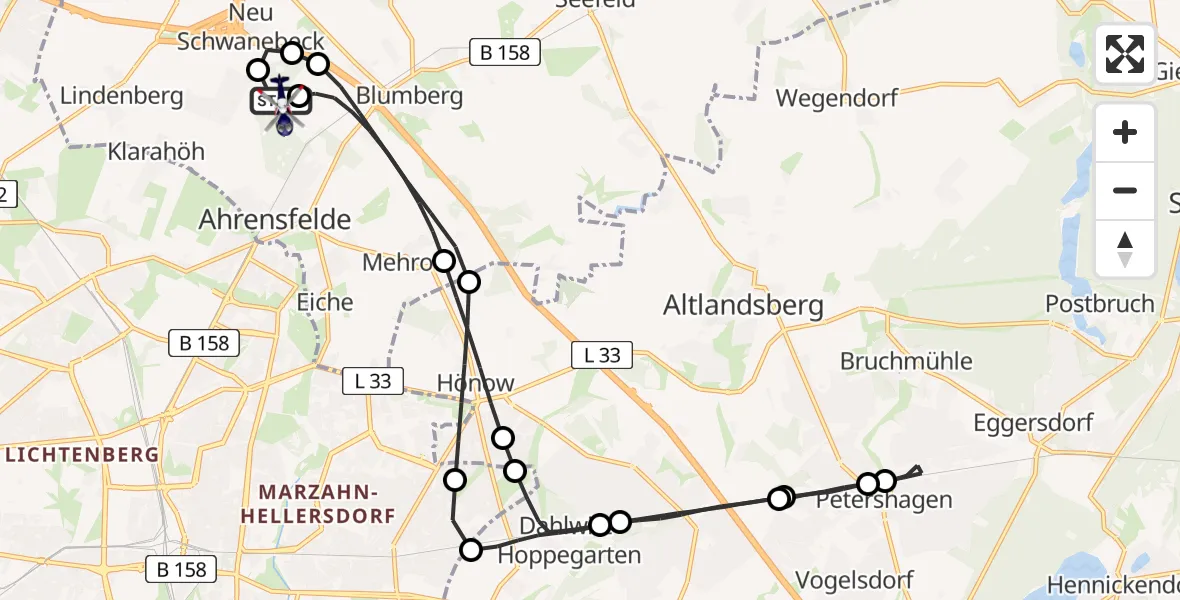 Flugroute Polizeihubschrauber Ahrensfelde Hubschrauberlandeplatz - Ahrensfelde Hubschrauberlandeplatz, 16 Mai 2026, 22:20