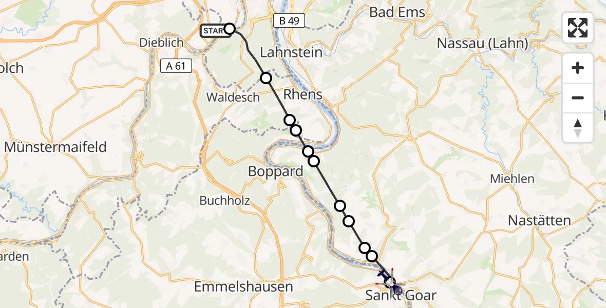 Flugroute Polizeihubschrauber Koblenz-Winningen Flugplatz - Sankt Goar, 16 Mai 2026, 22:20