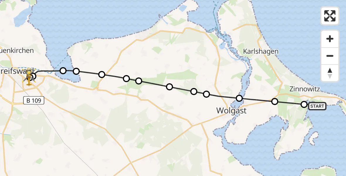 Flugroute Rettungshubschrauber Zempin - Greifswald Hospital, 16 Mai 2026, 22:47
