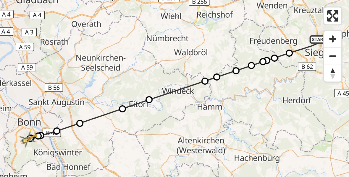 Flugroute Rettungshubschrauber Siegen - Bonn University Hospital, 16 Mai 2026, 23:15