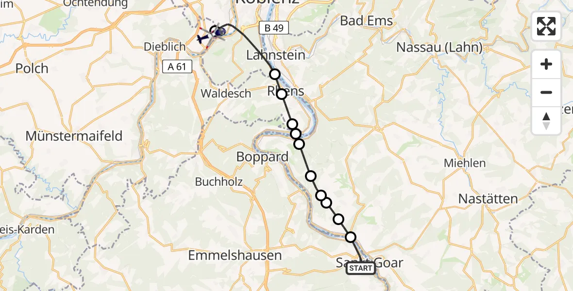 Flugroute Polizeihubschrauber Sankt Goar - Koblenz-Winningen Flugplatz, 16 Mai 2026, 23:19