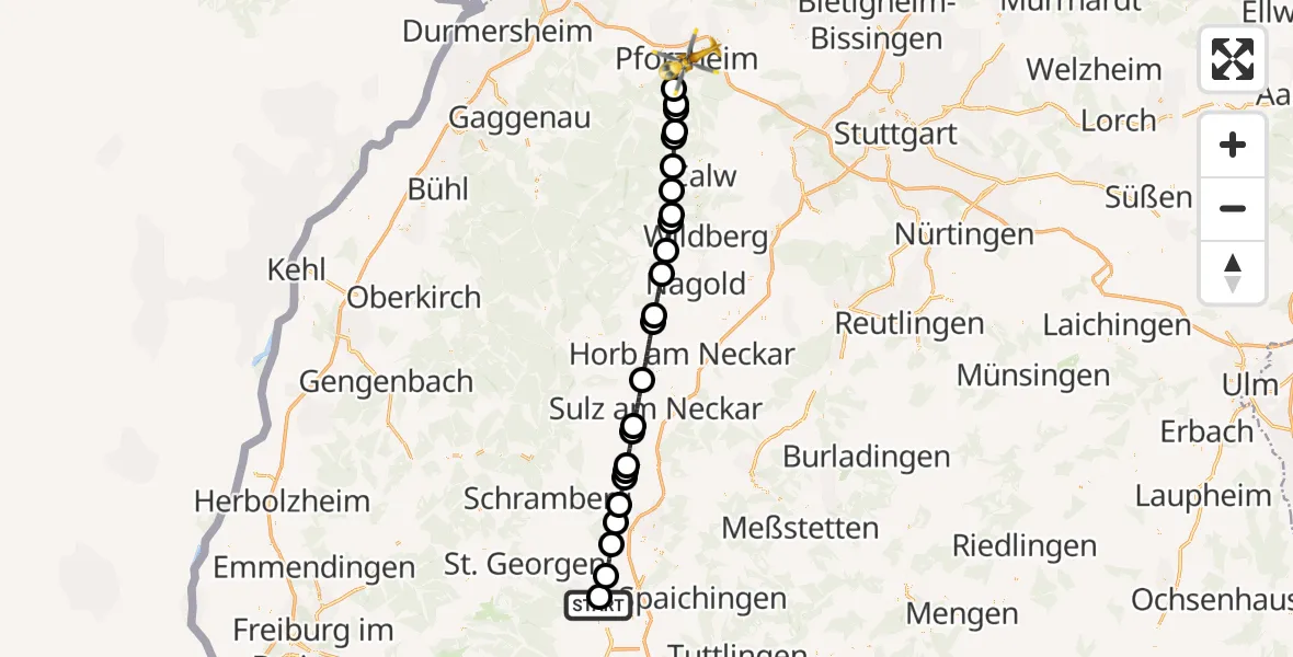 Flugroute Rettungshubschrauber DRF Air Rescue Station Villingen-Schwenningen Hubschrauberlandeplatz (Christoph 11) - Pforzheim, 16 Mai 2026, 23:19