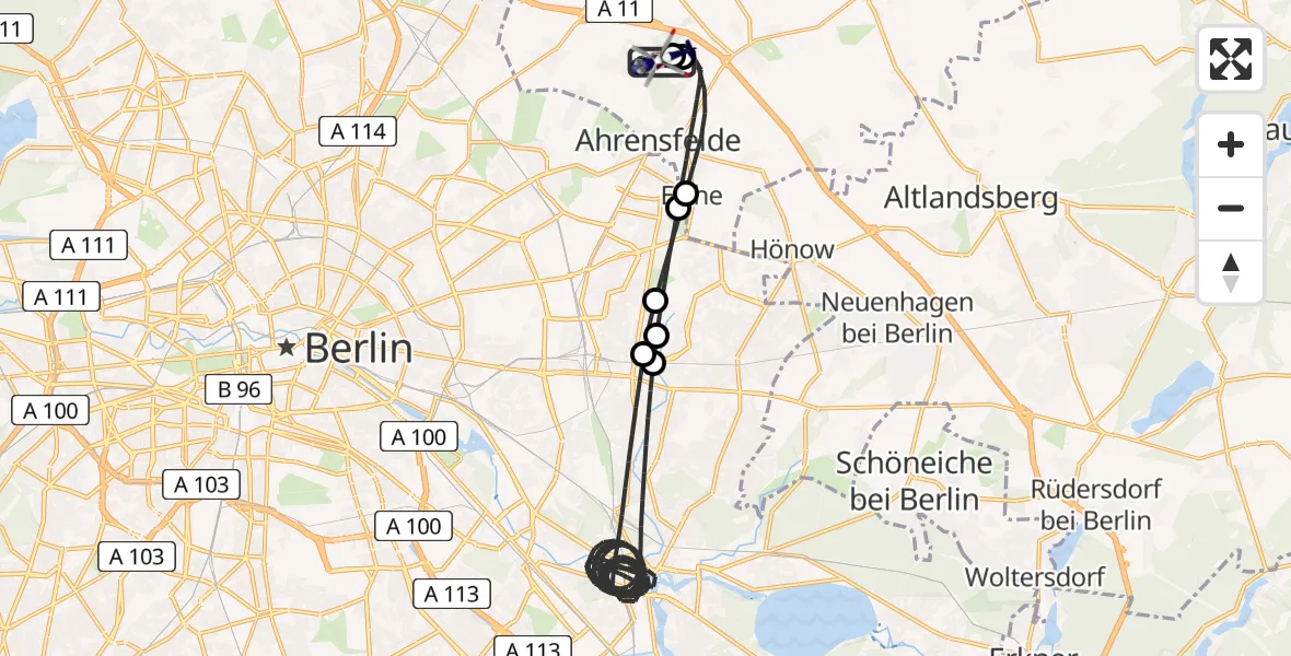 Flugroute Polizeihubschrauber Ahrensfelde Hubschrauberlandeplatz - Ahrensfelde Hubschrauberlandeplatz, 16 Mai 2026, 23:51