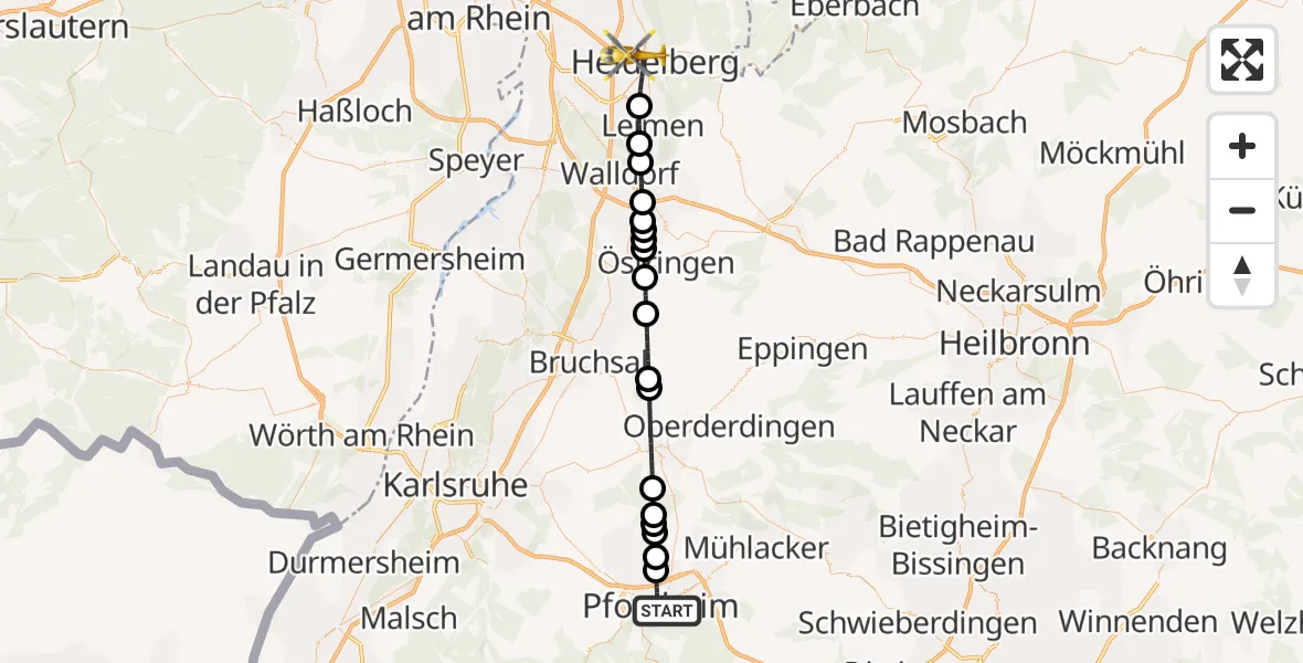 Flugroute Rettungshubschrauber Pforzheim - Heidelberg, 17 Mai 2026, 00:24