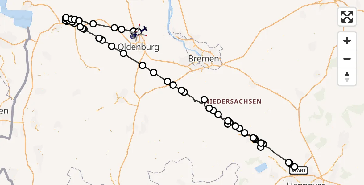 Flugroute Polizeihubschrauber Flughafen Hannover - Oldenburg Police Hubschrauberlandeplatz, 17 Mai 2026, 00:31