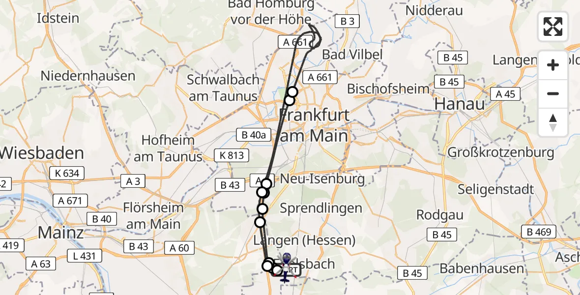 Flugroute Polizeihubschrauber Flughafen Frankfurt-Egelsbach - Flughafen Frankfurt-Egelsbach, 17 Mai 2026, 00:44
