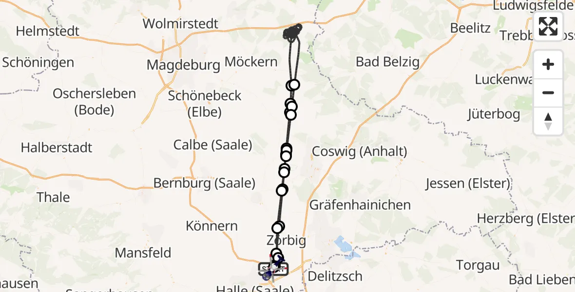 Flugroute Polizeihubschrauber Halle-Oppin Flugplatz - Halle-Oppin Flugplatz, 17 Mai 2026, 00:48