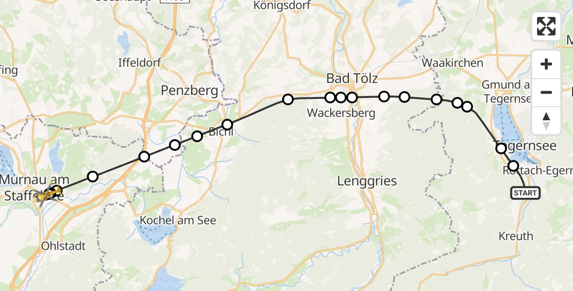 Flugroute Rettungshubschrauber Kreuth - Murnau Accident Hospital, 17 Mai 2026, 01:17
