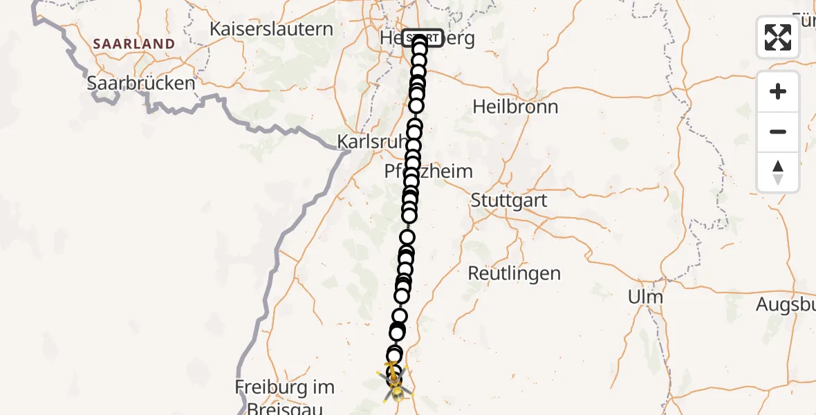 Flugroute Rettungshubschrauber Heidelberg - DRF Air Rescue Station Villingen-Schwenningen Hubschrauberlandeplatz (Christoph 11), 17 Mai 2026, 01:36