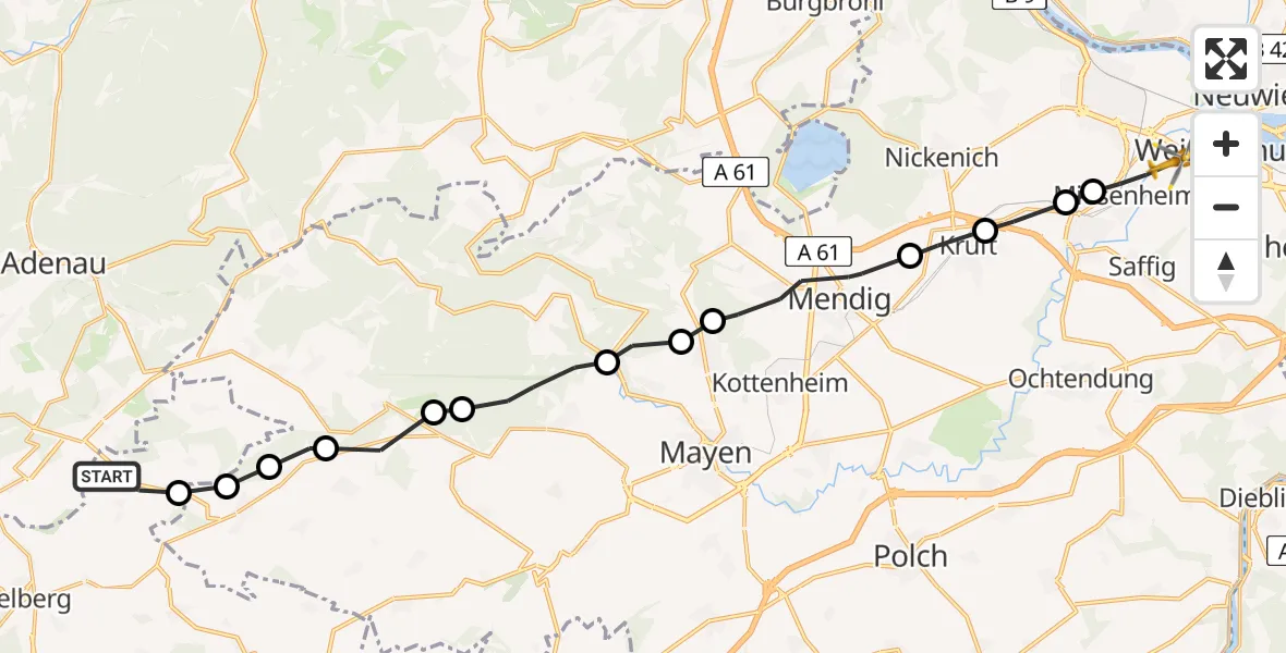Flugroute Ambulanzhubschrauber Welcherath - Andernach, 17 Mai 2026, 01:50
