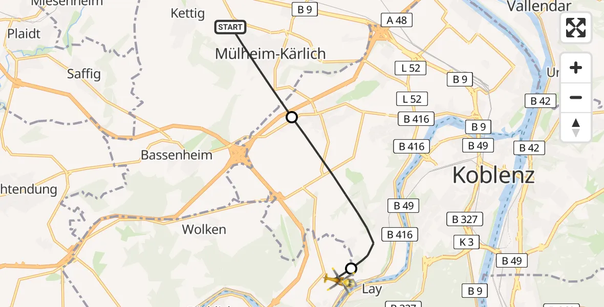 Flugroute Ambulanzhubschrauber Mülheim-Kärlich - Koblenz-Winningen Flugplatz, 17 Mai 2026, 02:28
