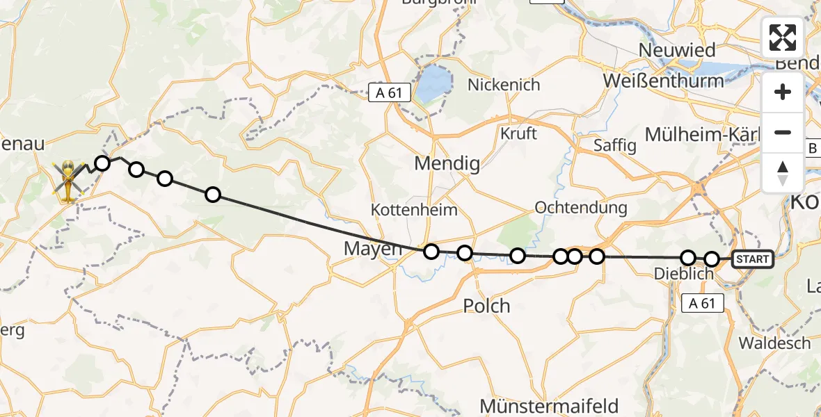 Flugroute Ambulanzhubschrauber Koblenz-Winningen Flugplatz - Herschbroich, 17 Mai 2026, 02:45