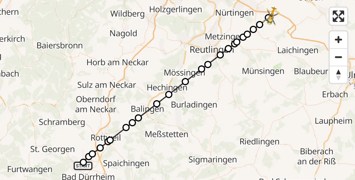 Flugroute Rettungshubschrauber DRF Air Rescue Station Villingen-Schwenningen Hubschrauberlandeplatz (Christoph 11) - Weilheim an der Teck, 17 Mai 2026, 04:05