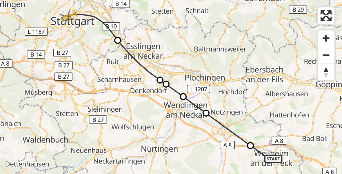 Flugroute Rettungshubschrauber Weilheim an der Teck - Stuttgart, 17 Mai 2026, 05:13