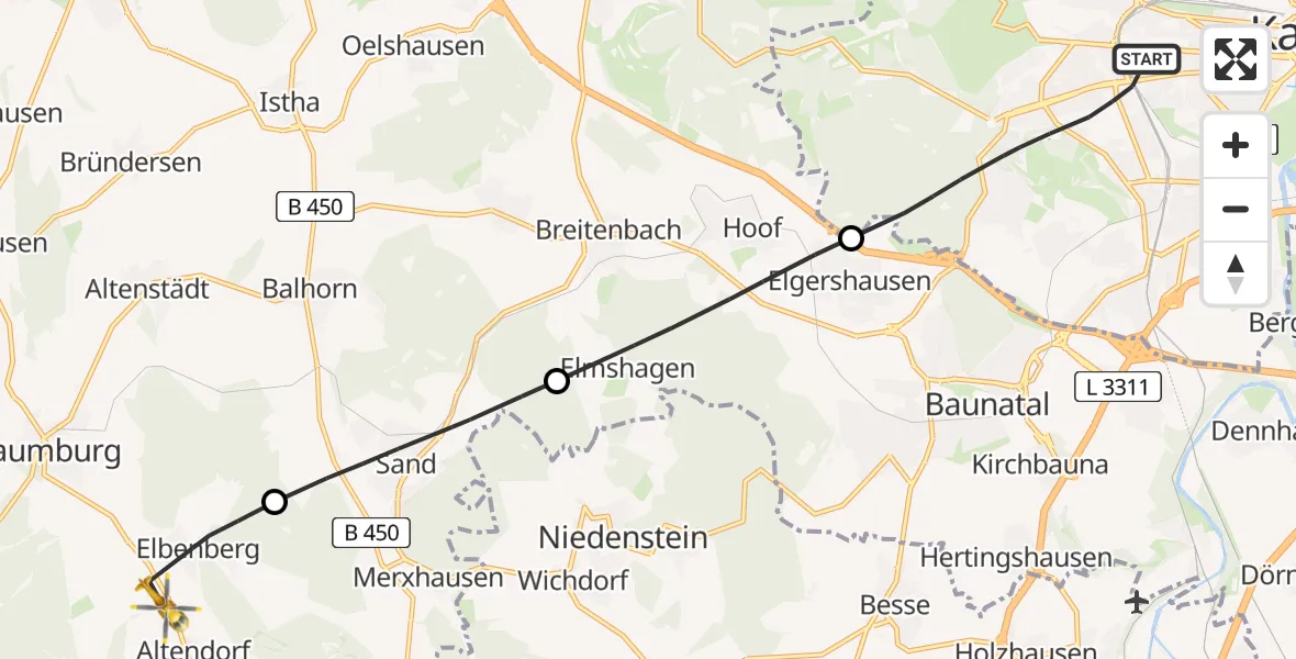 Flugroute Rettungshubschrauber Kassel - Naumburg, 17 Mai 2026, 05:28