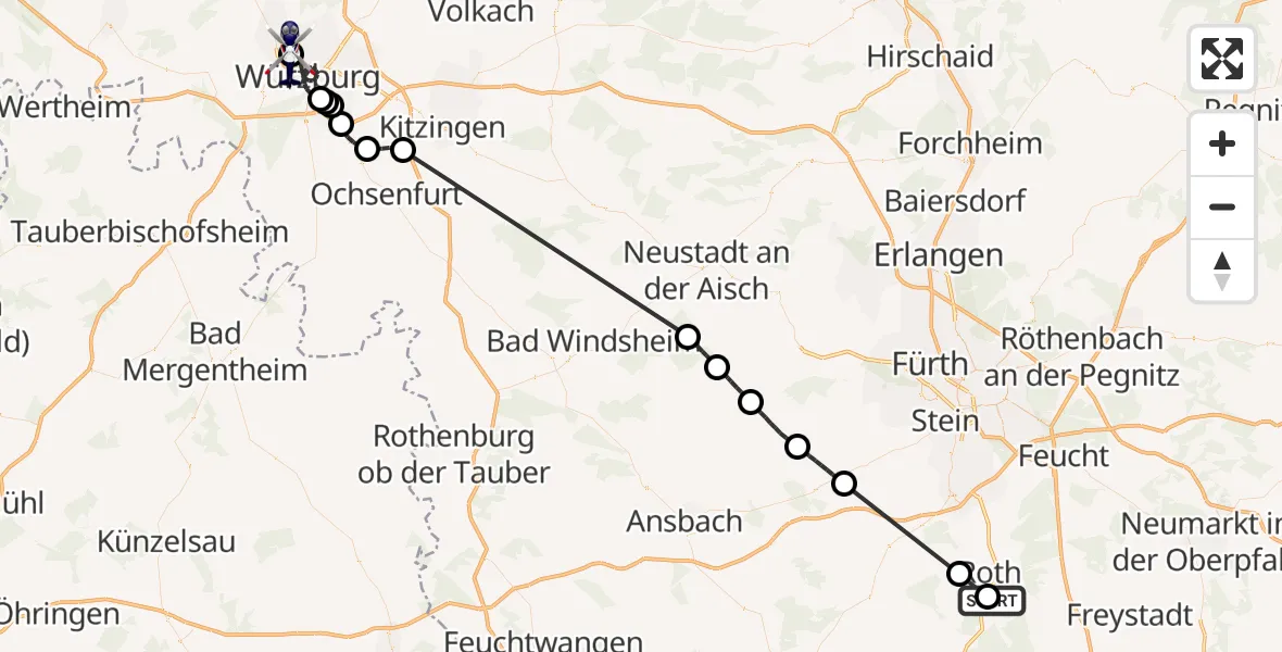 Flugroute Polizeihubschrauber Flugplatz Roth - Würzburg-Schenkenturm Flugplatz, 17 Mai 2026, 05:41