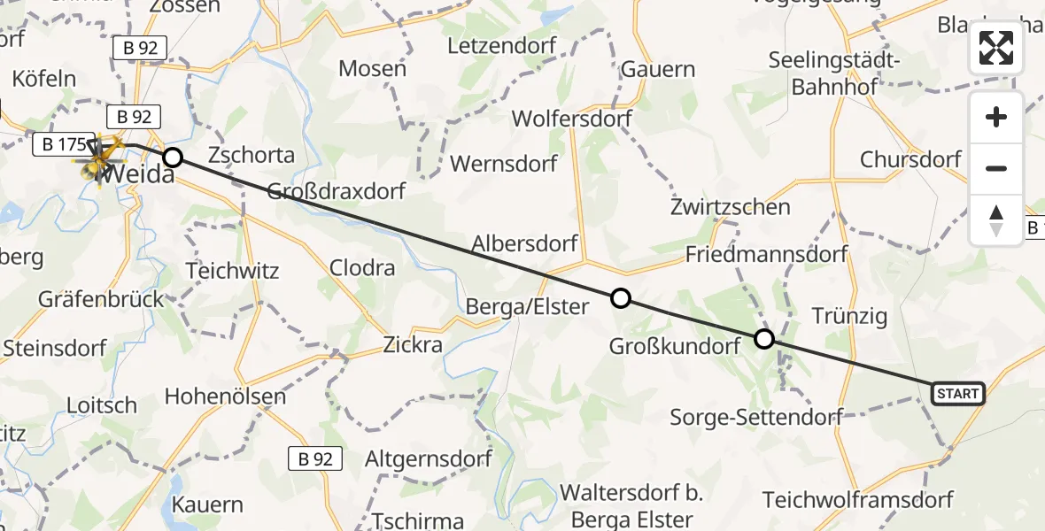 Flugroute Rettungshubschrauber Langenbernsdorf - Weida, 17 Mai 2026, 05:49