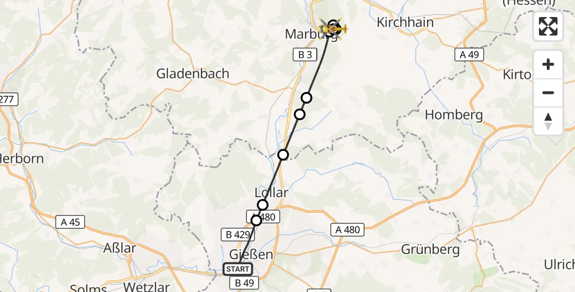 Flugroute Rettungshubschrauber Gießen - Marburg University Hospital Ground, 17 Mai 2026, 05:54
