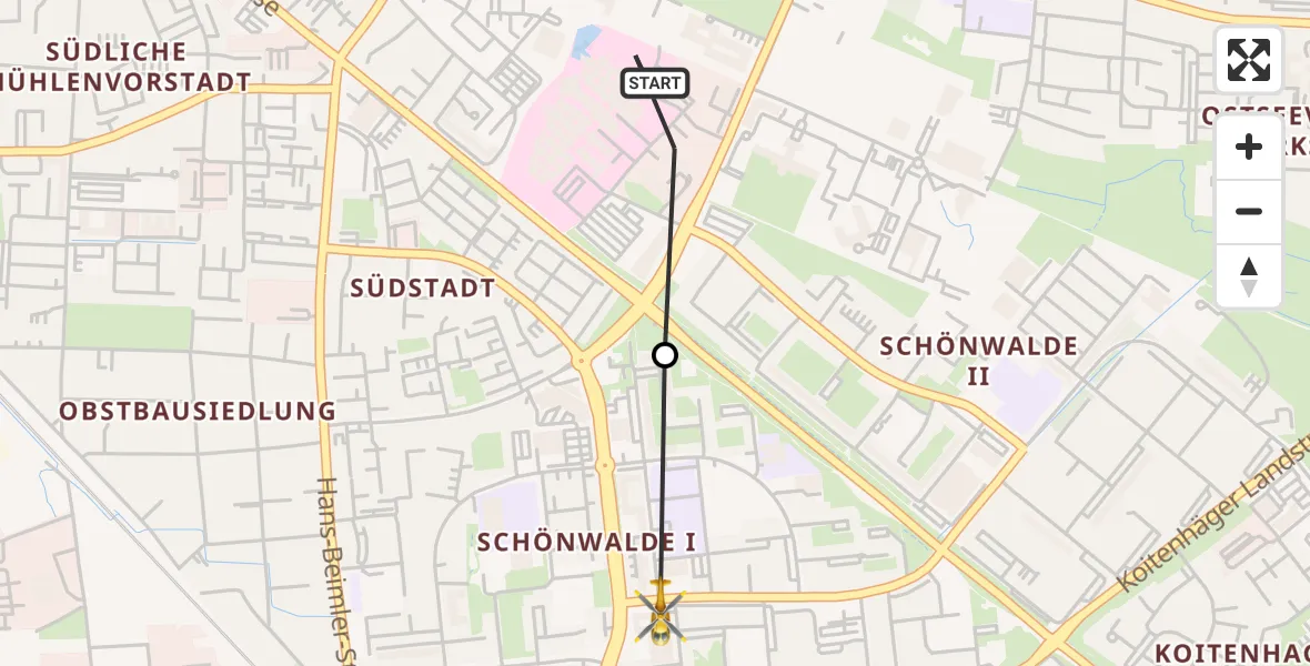 Flugroute Rettungshubschrauber Greifswald Hospital - Greifswald, 17 Mai 2026, 05:55