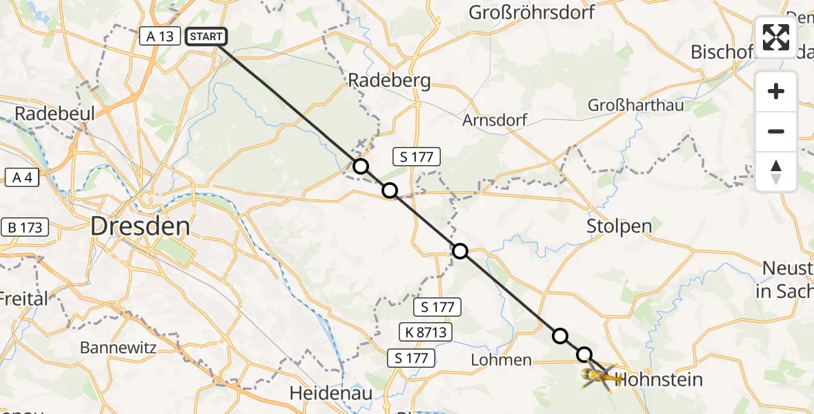 Flugroute Rettungshubschrauber Dresden - Hohnstein, 17 Mai 2026, 06:08