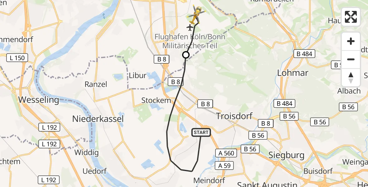 Flugroute Rettungshubschrauber Troisdorf - Köln Bonn Flughafen, 17 Mai 2026, 06:08
