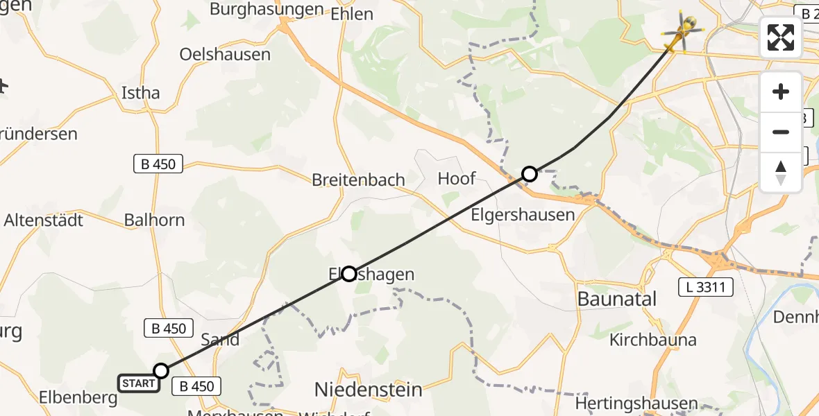 Flugroute Rettungshubschrauber Naumburg - Kassel, 17 Mai 2026, 06:15