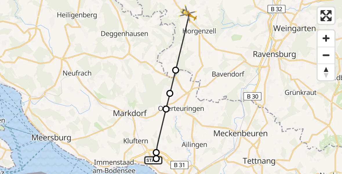 Flugroute Rettungshubschrauber Friedrichshafen Hospital - Horgenzell, 17 Mai 2026, 06:30