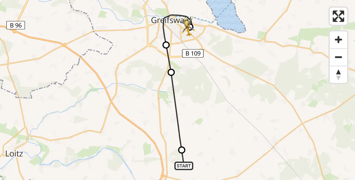Flugroute Rettungshubschrauber Bandelin - Greifswald Hospital, 17 Mai 2026, 06:33