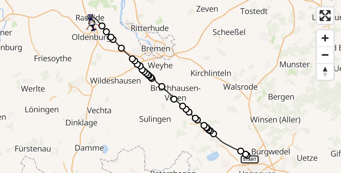 Flugroute Polizeihubschrauber Flughafen Hannover - Oldenburg Police Hubschrauberlandeplatz, 17 Mai 2026, 06:45