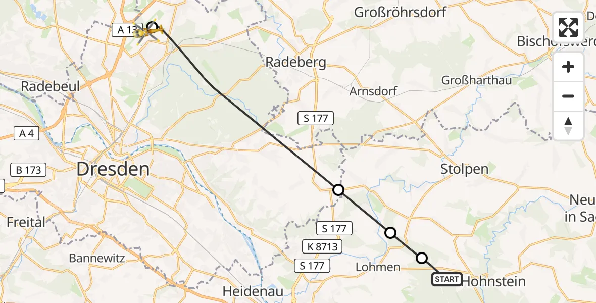 Flugroute Rettungshubschrauber Hohnstein - Dresden Bundespolizei Hubschrauberlandeplatz, 17 Mai 2026, 06:58