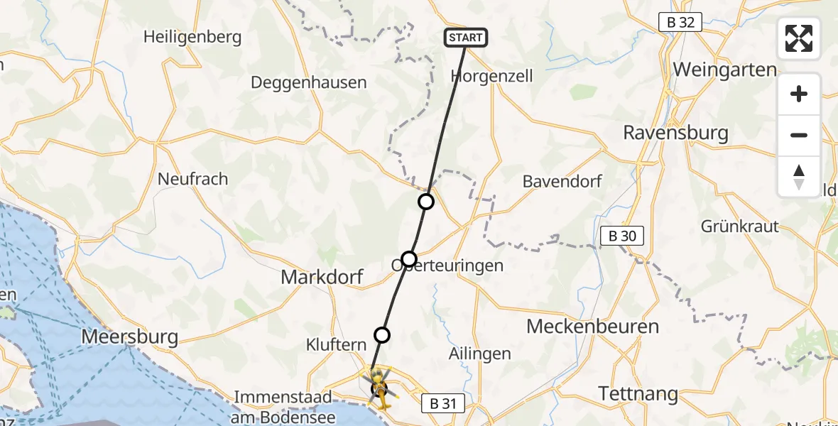 Flugroute Rettungshubschrauber Horgenzell - Friedrichshafen Hospital, 17 Mai 2026, 07:00