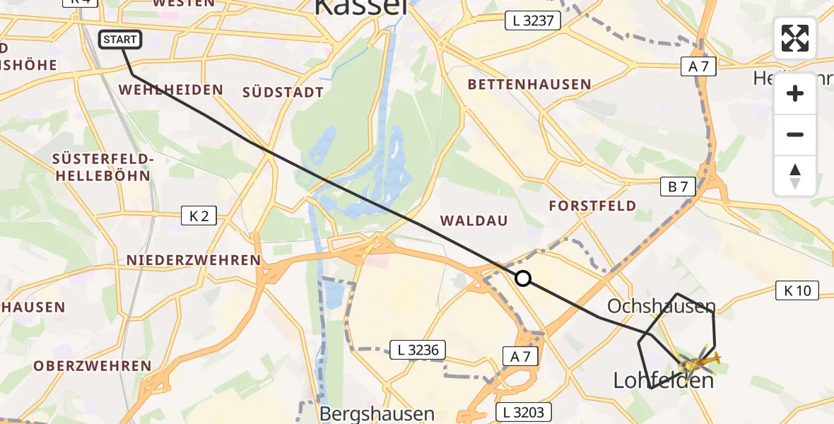 Flugroute Rettungshubschrauber Kassel - Lohfelden, 17 Mai 2026, 07:13