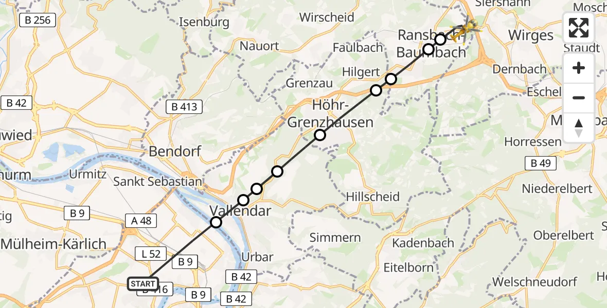 Flugroute Rettungshubschrauber Koblenz - Ransbach-Baumbach, 17 Mai 2026, 07:14