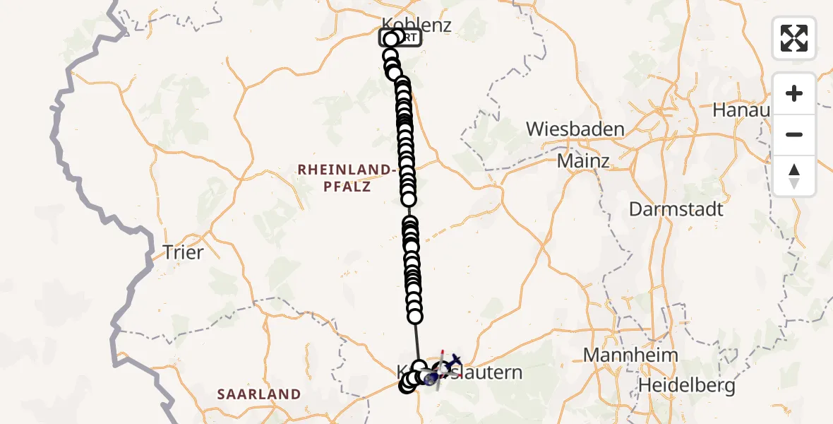 Flugroute Polizeihubschrauber Koblenz-Winningen Flugplatz - Kaiserslautern, 17 Mai 2026, 07:28