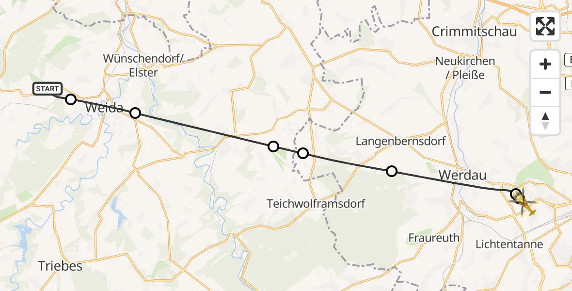 Flugroute Rettungshubschrauber Harth-Pöllnitz - ADAC Air Rescue Station Zwickau Hubschrauberlandeplatz, 17 Mai 2026, 07:31