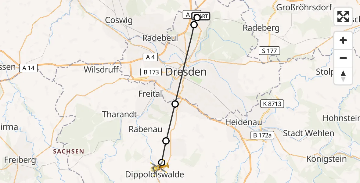 Flugroute Rettungshubschrauber Dresden Bundespolizei Hubschrauberlandeplatz - Dippoldiswalde, 17 Mai 2026, 07:32