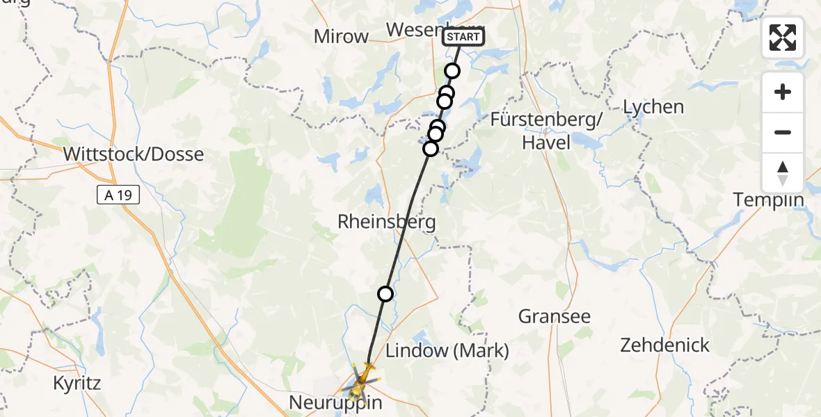 Flugroute Rettungshubschrauber Wesenberg - Neuruppin, 17 Mai 2026, 07:37