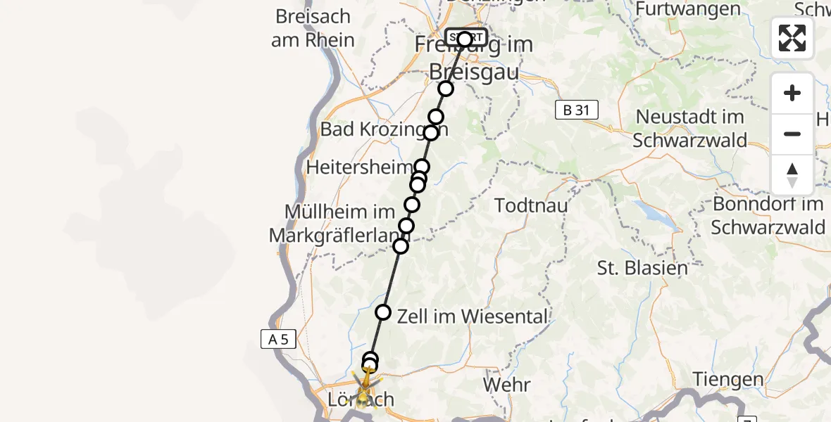 Flugroute Rettungshubschrauber Freiburg im Breisgau Flugplatz - Lörrach, 17 Mai 2026, 07:41