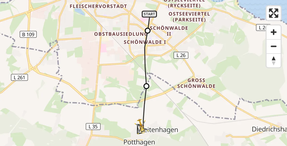 Flugroute Rettungshubschrauber Greifswald Hospital - Weitenhagen, 17 Mai 2026, 07:46