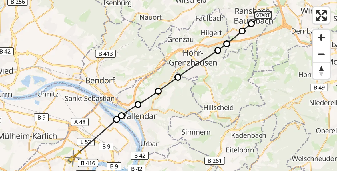 Flugroute Rettungshubschrauber Ransbach-Baumbach - Koblenz, 17 Mai 2026, 07:49