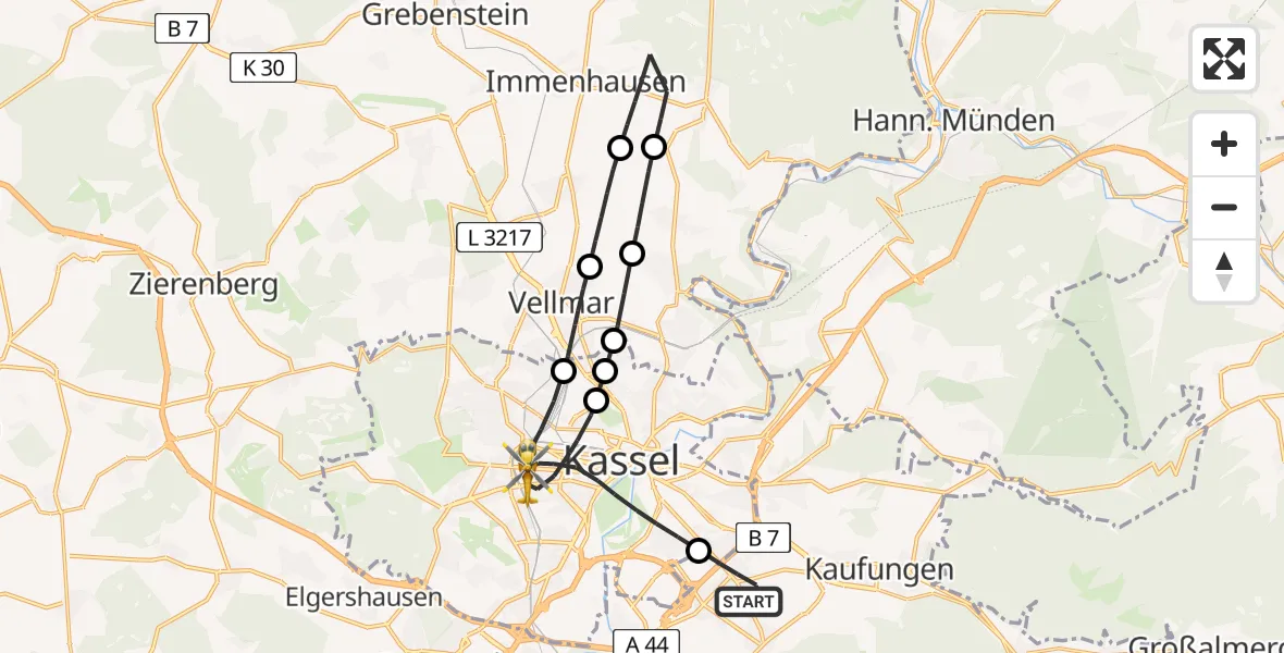 Flugroute Rettungshubschrauber Lohfelden - Kassel, 17 Mai 2026, 07:50