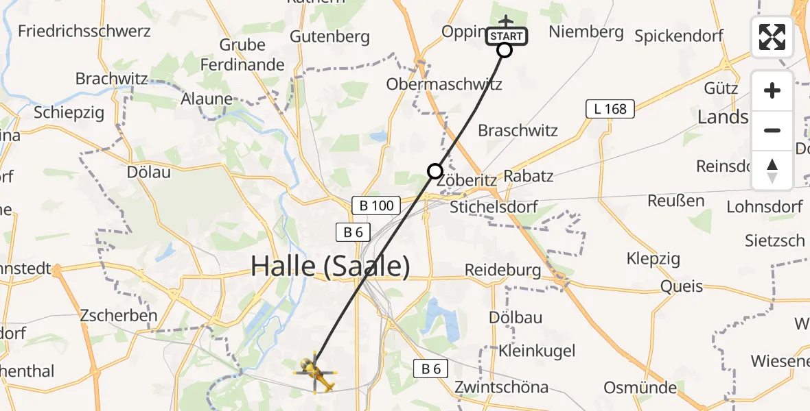 Flugroute Rettungshubschrauber Halle-Oppin Flugplatz - Halle (Saale), 17 Mai 2026, 07:52