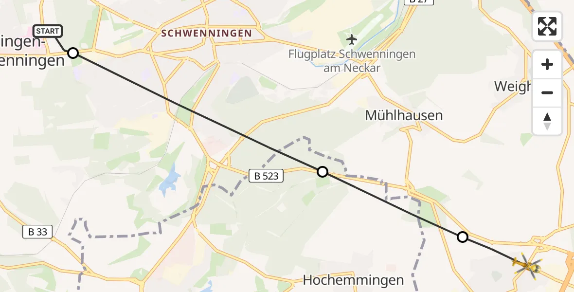 Flugroute Rettungshubschrauber DRF Air Rescue Station Villingen-Schwenningen Hubschrauberlandeplatz (Christoph 11) - Tuningen, 17 Mai 2026, 07:55