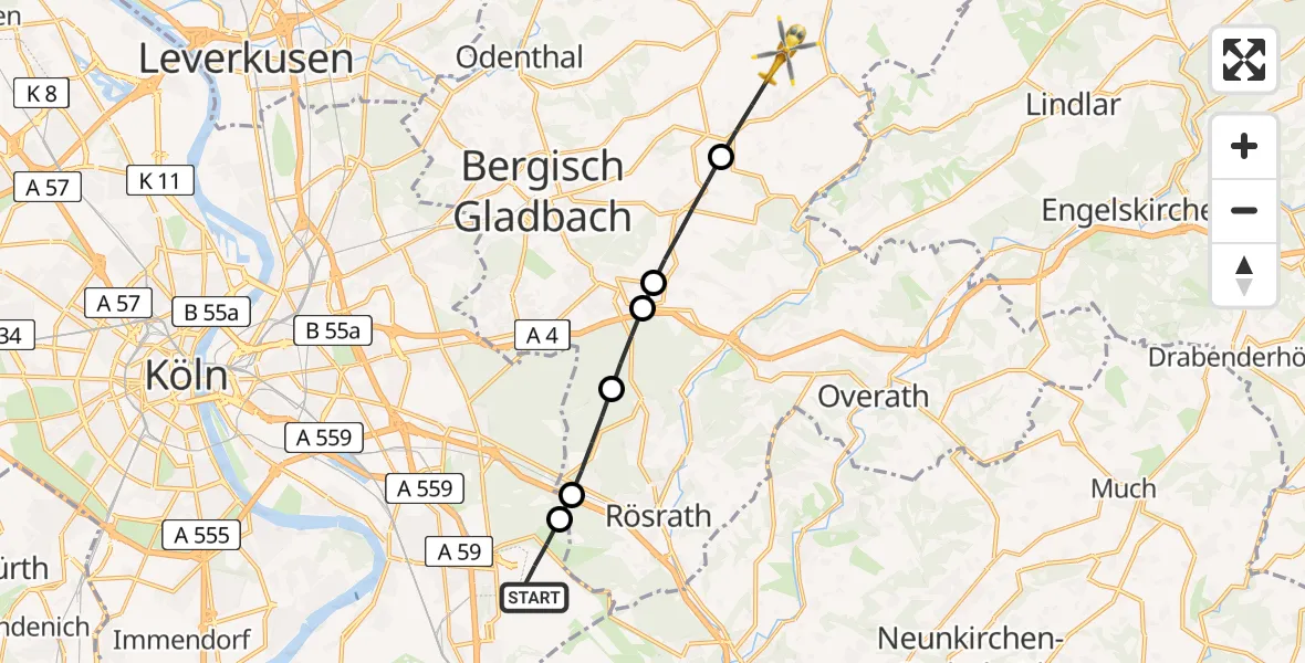 Flugroute Rettungshubschrauber Köln Bonn Flughafen - Kürten, 17 Mai 2026, 07:55