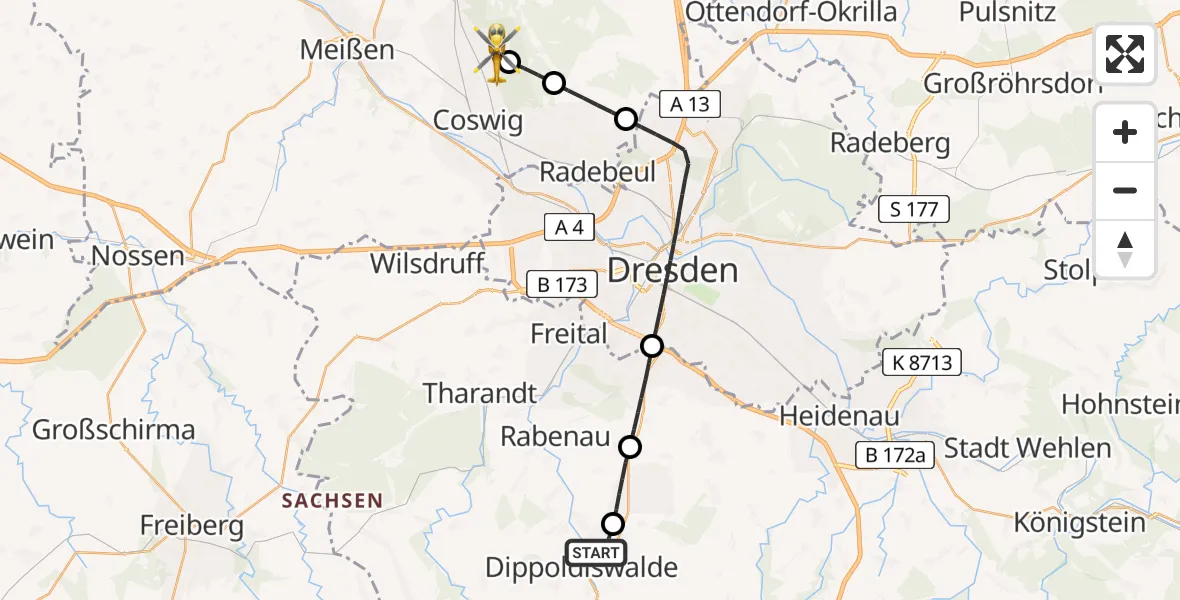 Flugroute Rettungshubschrauber Dippoldiswalde - Weinböhla, 17 Mai 2026, 08:10