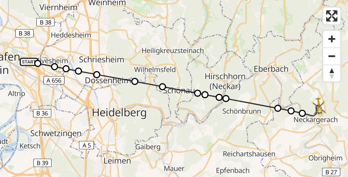 Flugroute Rettungshubschrauber Mannheim-City Flughafen - Neckargerach, 17 Mai 2026, 08:15