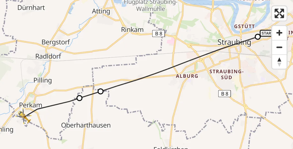 Flugroute Rettungshubschrauber Sankt Elisabeth Hospital Straubing - Perkam, 17 Mai 2026, 08:21