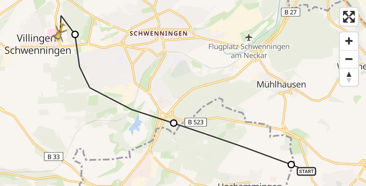 Flugroute Rettungshubschrauber Tuningen - DRF Air Rescue Station Villingen-Schwenningen Hubschrauberlandeplatz (Christoph 11), 17 Mai 2026, 08:27