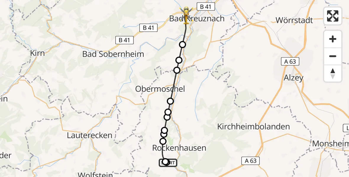 Flugroute Rettungshubschrauber Imsweiler UL - Bad Kreuznach, 17 Mai 2026, 08:30